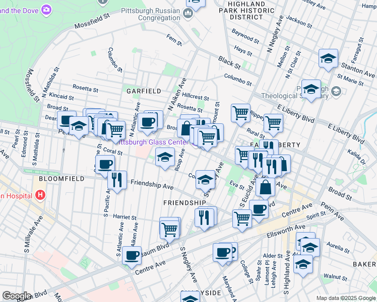 map of restaurants, bars, coffee shops, grocery stores, and more near 5 Clarendon Place in Pittsburgh