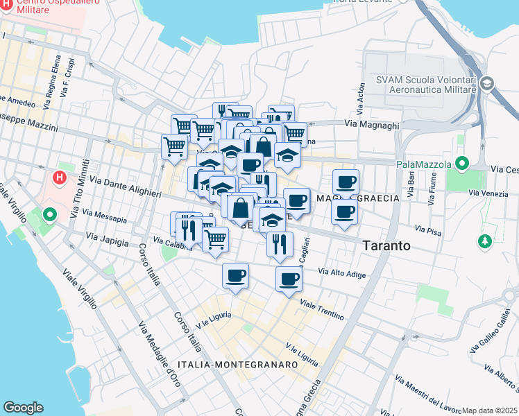 map of restaurants, bars, coffee shops, grocery stores, and more near 58-60 Via Salinella in Taranto