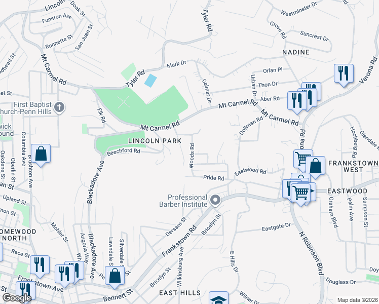 map of restaurants, bars, coffee shops, grocery stores, and more near 98 Woods Road in Pittsburgh