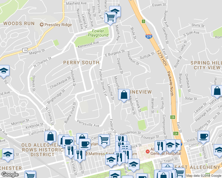 map of restaurants, bars, coffee shops, grocery stores, and more near 2016 Letsche Street in Pittsburgh