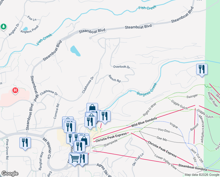 map of restaurants, bars, coffee shops, grocery stores, and more near 1800 Ranch Road in Steamboat Springs