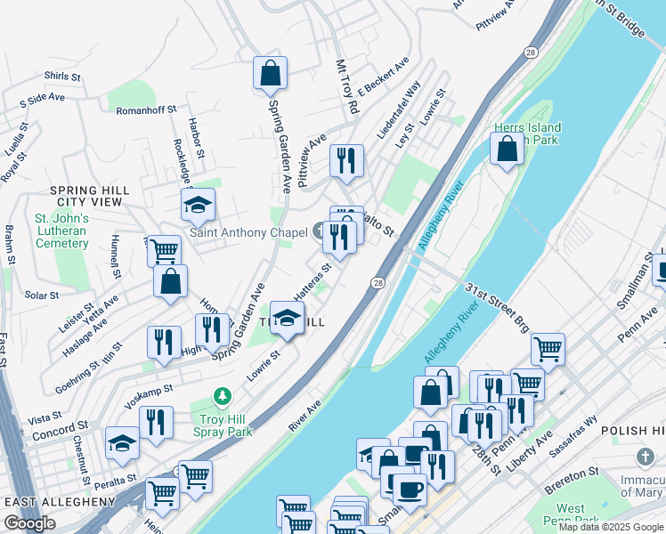 map of restaurants, bars, coffee shops, grocery stores, and more near 1635 Hatteras Street in Pittsburgh