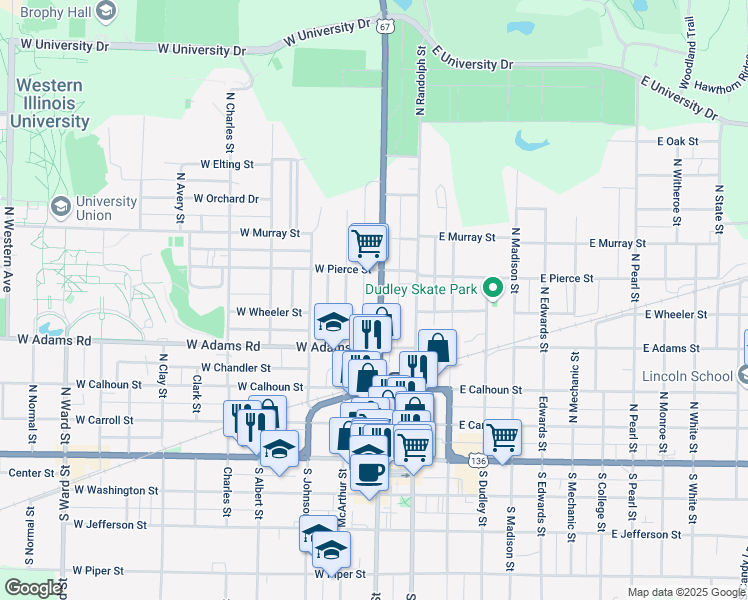 map of restaurants, bars, coffee shops, grocery stores, and more near 506 Chicago - Kansas City Expressway in Macomb