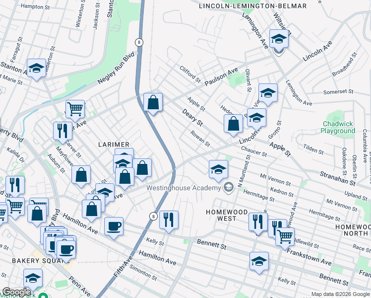 map of restaurants, bars, coffee shops, grocery stores, and more near 6613 Tennis Street in Pittsburgh