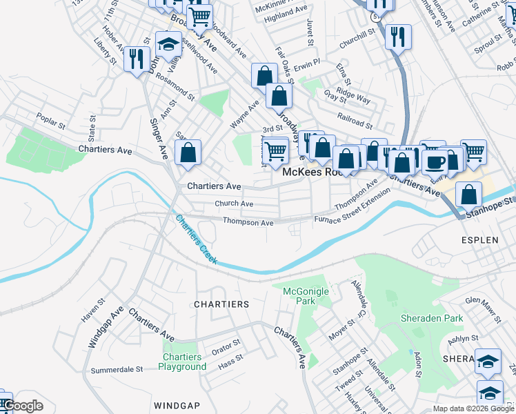 map of restaurants, bars, coffee shops, grocery stores, and more near 1147 Church Avenue in McKees Rocks