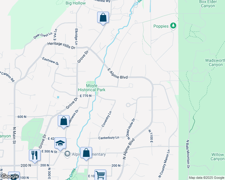 map of restaurants, bars, coffee shops, grocery stores, and more near 824 Sunburst Lane in Alpine