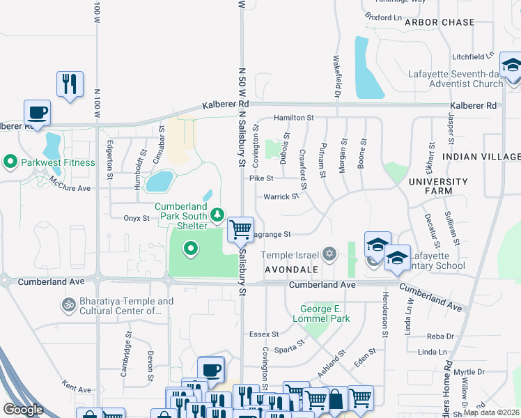 map of restaurants, bars, coffee shops, grocery stores, and more near 3132 Covington Street in West Lafayette