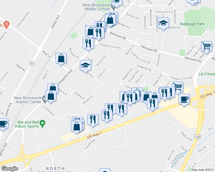 map of restaurants, bars, coffee shops, grocery stores, and more near 1097 Matthew Street in North Brunswick Township