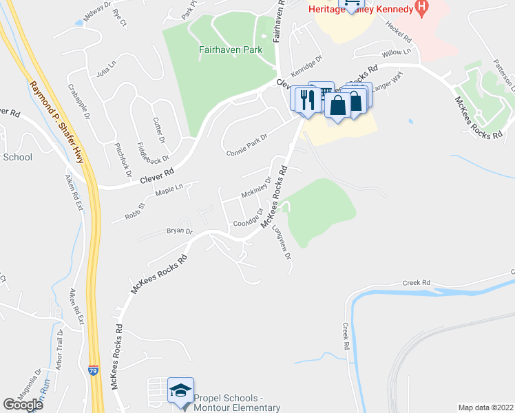 map of restaurants, bars, coffee shops, grocery stores, and more near 11 Coolidge Drive in McKees Rocks