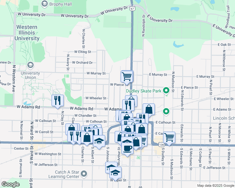 map of restaurants, bars, coffee shops, grocery stores, and more near 502 North McArthur Street in Macomb
