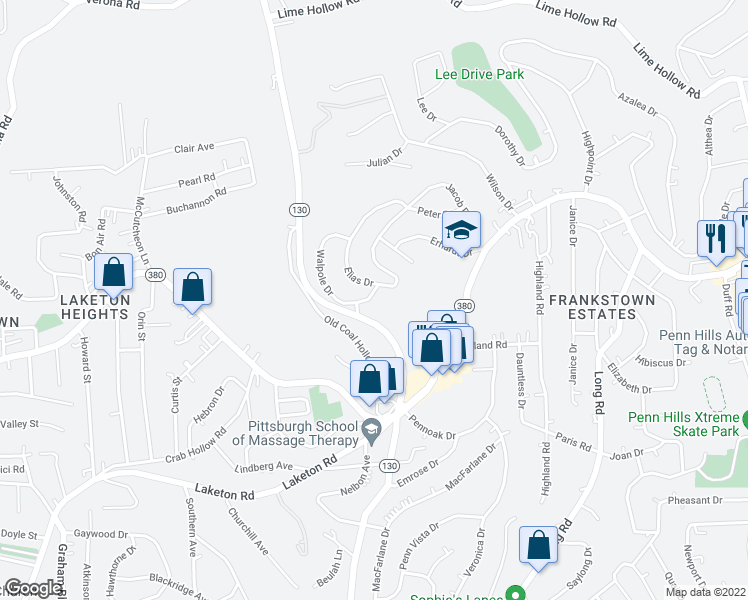 map of restaurants, bars, coffee shops, grocery stores, and more near 111 Walpole Drive in Pittsburgh