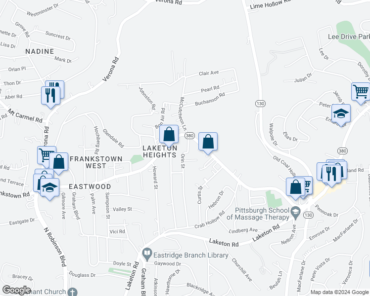 map of restaurants, bars, coffee shops, grocery stores, and more near 84 Orin Street in Pittsburgh
