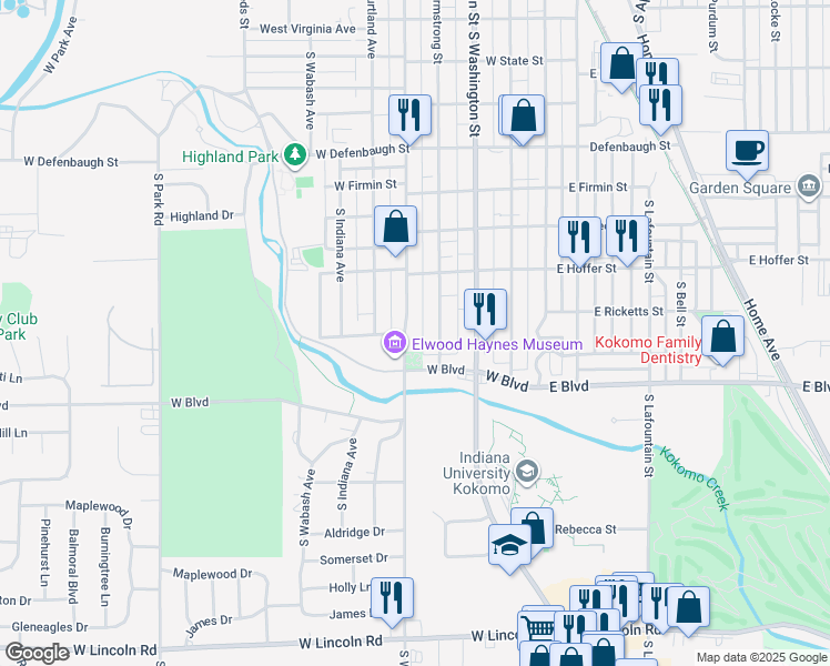 map of restaurants, bars, coffee shops, grocery stores, and more near 1916 S Webster St in Kokomo