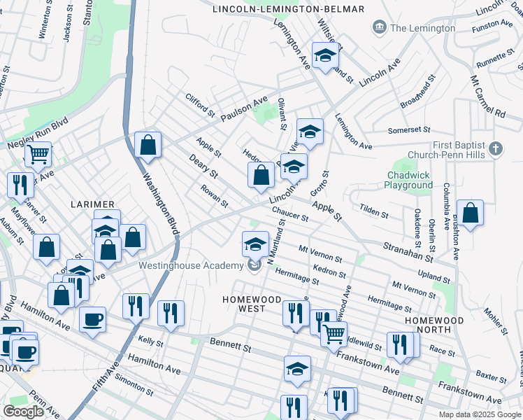 map of restaurants, bars, coffee shops, grocery stores, and more near 6904 Chaucer Street in Pittsburgh