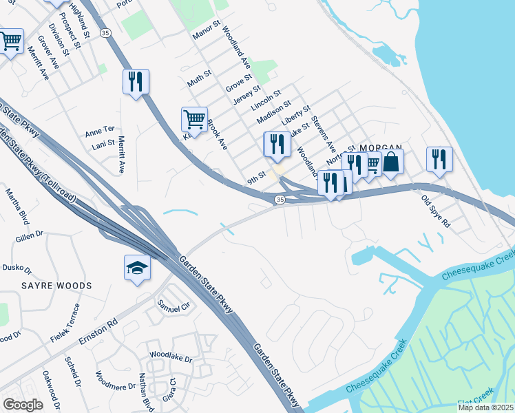 map of restaurants, bars, coffee shops, grocery stores, and more near 1945 New Jersey 35 in South Amboy