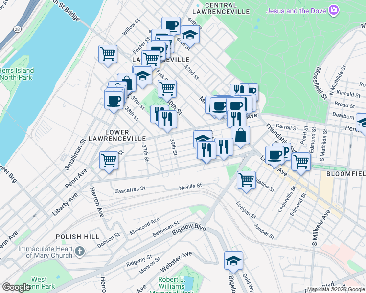 map of restaurants, bars, coffee shops, grocery stores, and more near 3918 Mintwood Street in Pittsburgh