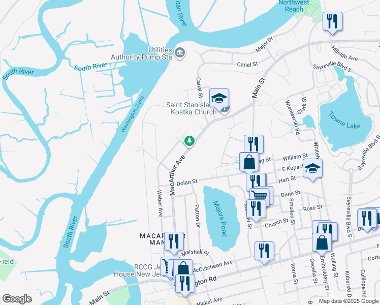 map of restaurants, bars, coffee shops, grocery stores, and more near 164 Macarthur Avenue in Sayreville