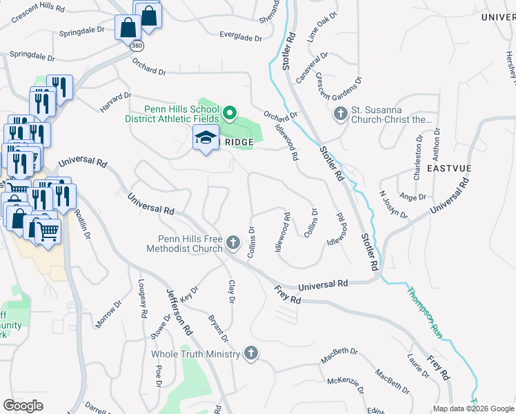 map of restaurants, bars, coffee shops, grocery stores, and more near 111 Idlewood Road in Pittsburgh