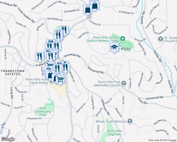 map of restaurants, bars, coffee shops, grocery stores, and more near 233 Universal Road in Pittsburgh
