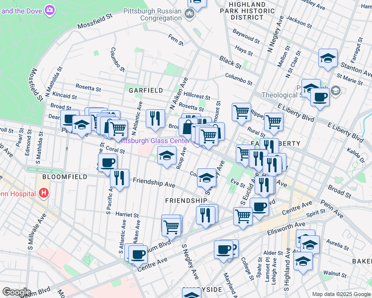 map of restaurants, bars, coffee shops, grocery stores, and more near 5 Clarendon Place in Pittsburgh