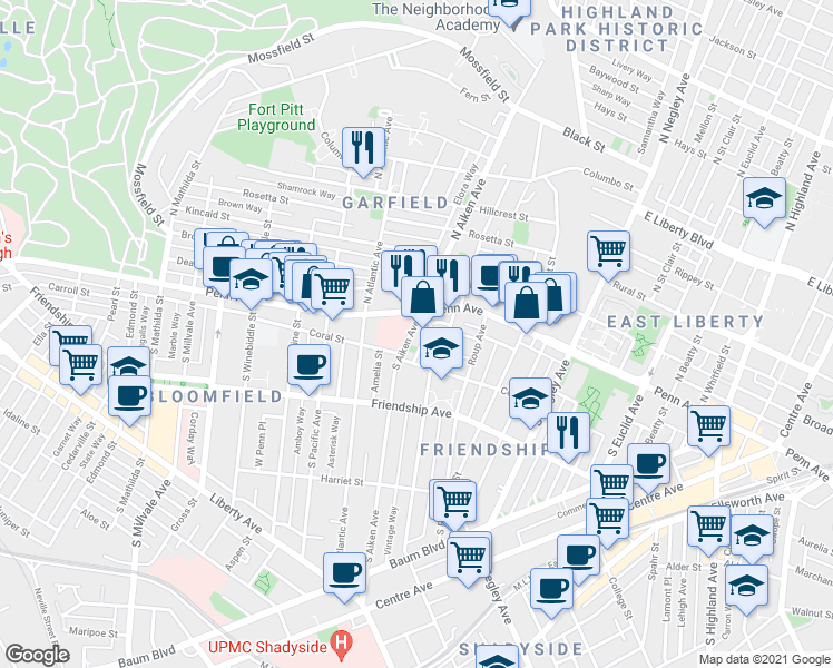 map of restaurants, bars, coffee shops, grocery stores, and more near 119 South Aiken Avenue in Pittsburgh