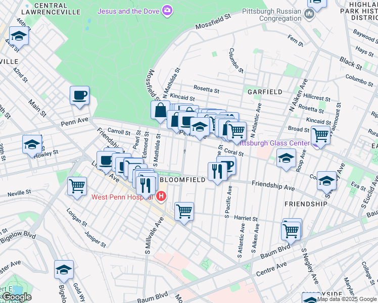 map of restaurants, bars, coffee shops, grocery stores, and more near 221 Gross Street in Pittsburgh