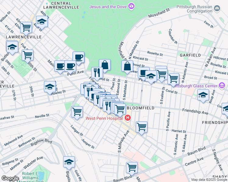 map of restaurants, bars, coffee shops, grocery stores, and more near 158 Pearl Street in Pittsburgh