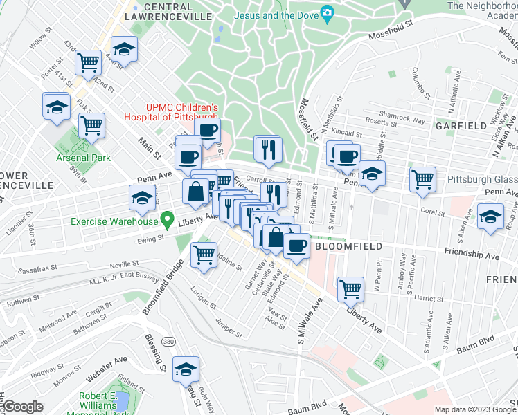 map of restaurants, bars, coffee shops, grocery stores, and more near 4618 Friendship Avenue in Pittsburgh