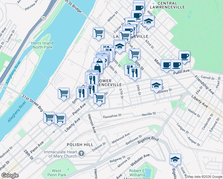 map of restaurants, bars, coffee shops, grocery stores, and more near 3600 Penn Avenue in Pittsburgh