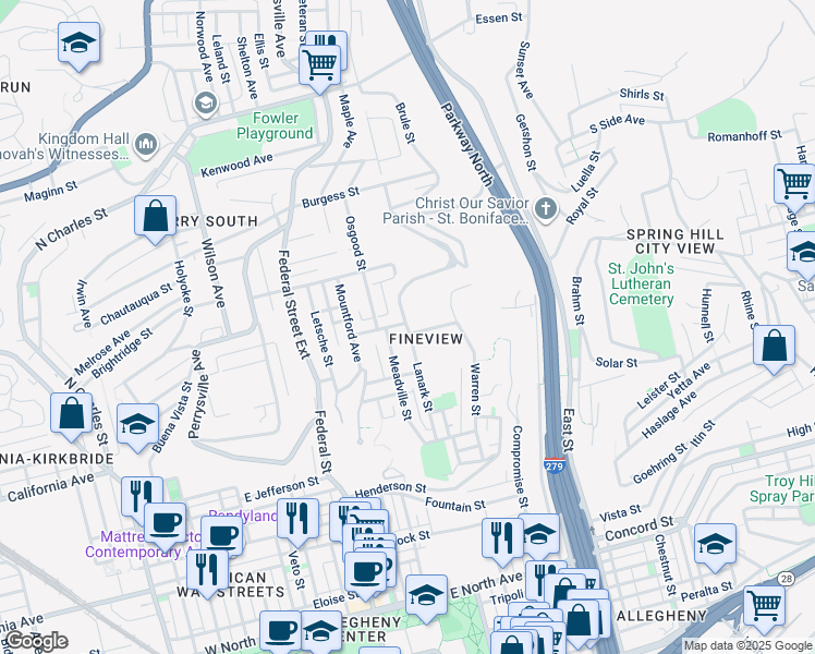 map of restaurants, bars, coffee shops, grocery stores, and more near 1900 Biggs Avenue in Pittsburgh