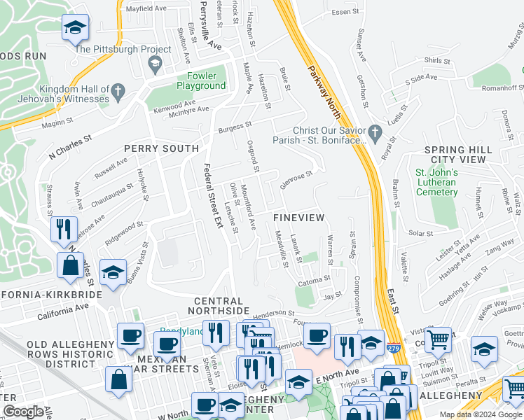 map of restaurants, bars, coffee shops, grocery stores, and more near 212 Marsonia Street in Pittsburgh