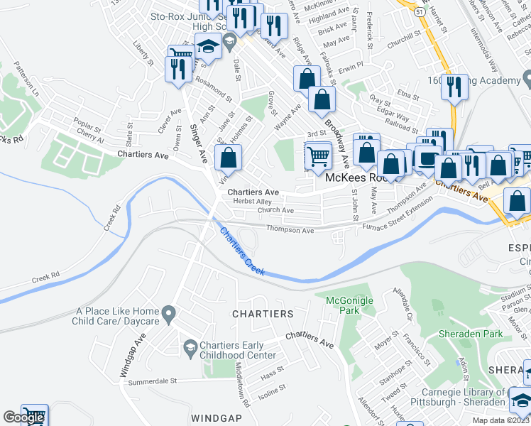 map of restaurants, bars, coffee shops, grocery stores, and more near 1221 Church Avenue in McKees Rocks