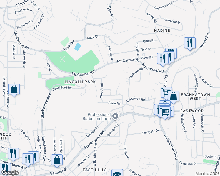 map of restaurants, bars, coffee shops, grocery stores, and more near 8625 Oakcrest Road in Pittsburgh