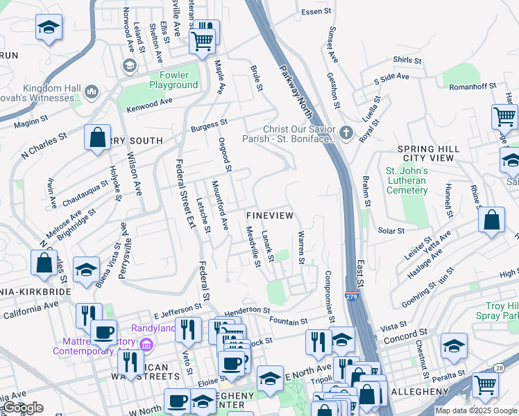 map of restaurants, bars, coffee shops, grocery stores, and more near 1900 Biggs Avenue in Pittsburgh