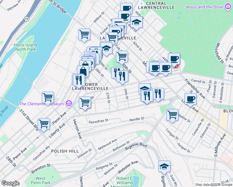 map of restaurants, bars, coffee shops, grocery stores, and more near 3819 Mintwood Street in Pittsburgh