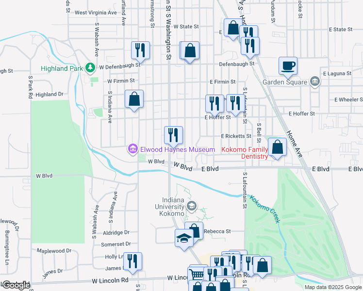 map of restaurants, bars, coffee shops, grocery stores, and more near 1925 South Buckeye Street in Kokomo