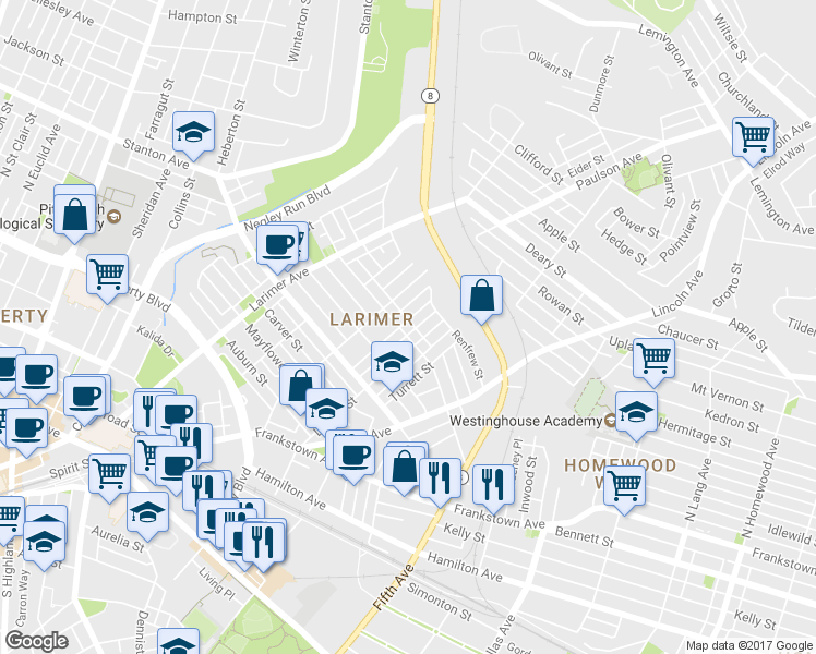 map of restaurants, bars, coffee shops, grocery stores, and more near 227 Shetland Street in Pittsburgh