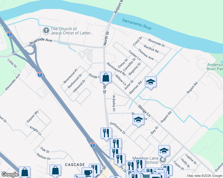 map of restaurants, bars, coffee shops, grocery stores, and more near 2890 North Bailey Drive in Anderson