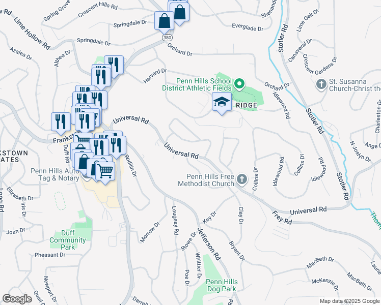 map of restaurants, bars, coffee shops, grocery stores, and more near 263 Universal Road in Penn Hills