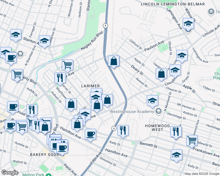 map of restaurants, bars, coffee shops, grocery stores, and more near 662 Lowell Street in Pittsburgh
