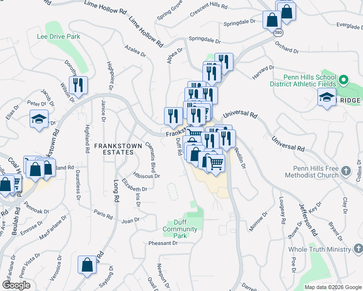 map of restaurants, bars, coffee shops, grocery stores, and more near 11607 Penn Hills Drive in Allegheny County