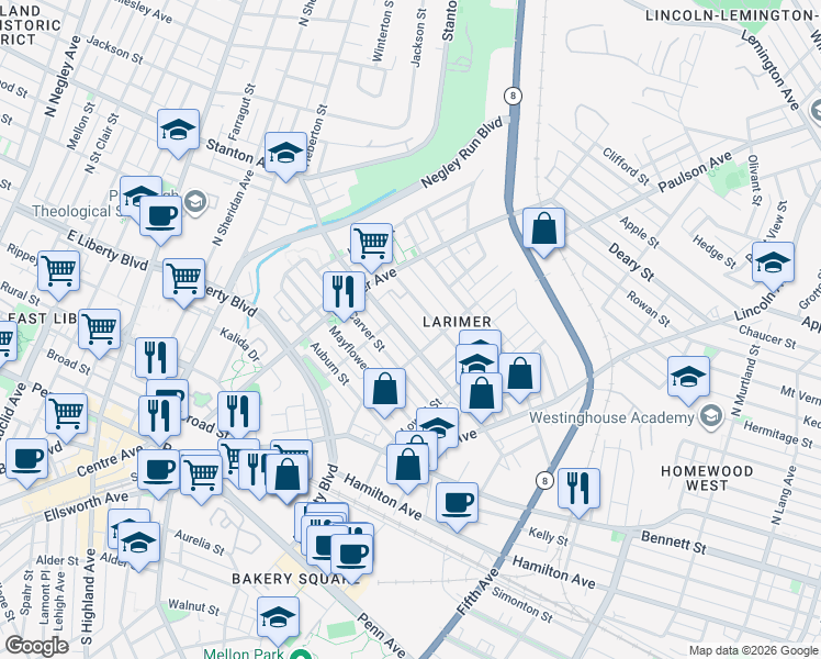 map of restaurants, bars, coffee shops, grocery stores, and more near 161 Meadow Street in Pittsburgh