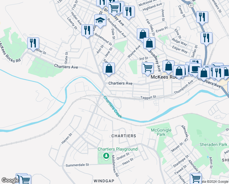 map of restaurants, bars, coffee shops, grocery stores, and more near 1245 Church Avenue in McKees Rocks