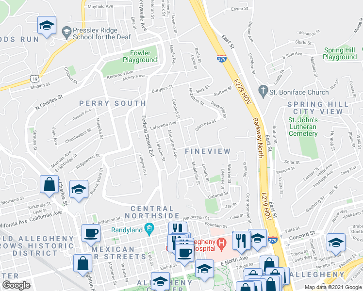 map of restaurants, bars, coffee shops, grocery stores, and more near 212 Marsonia Street in Pittsburgh