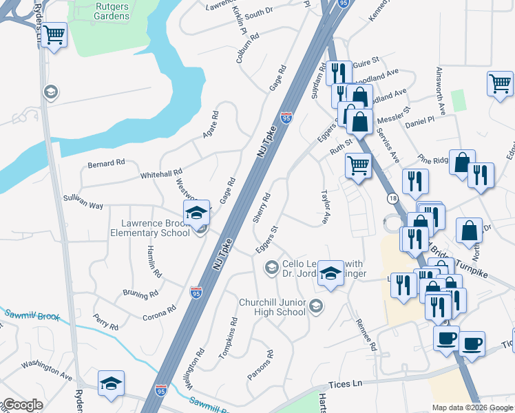 map of restaurants, bars, coffee shops, grocery stores, and more near 15 Sherry Road in East Brunswick