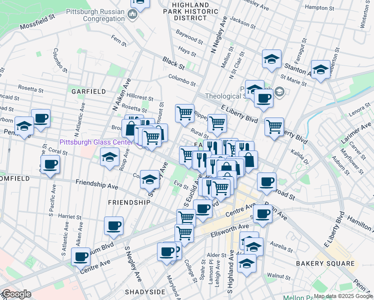 map of restaurants, bars, coffee shops, grocery stores, and more near 5642 Broad Street in Pittsburgh