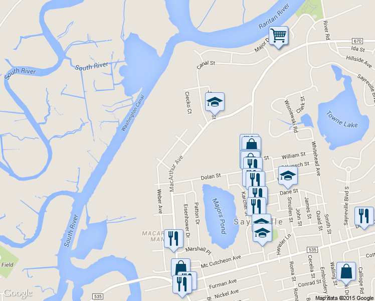 map of restaurants, bars, coffee shops, grocery stores, and more near 164 Macarthur Avenue in Sayreville