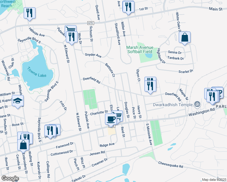 map of restaurants, bars, coffee shops, grocery stores, and more near 91 Deerfield Road in Sayreville