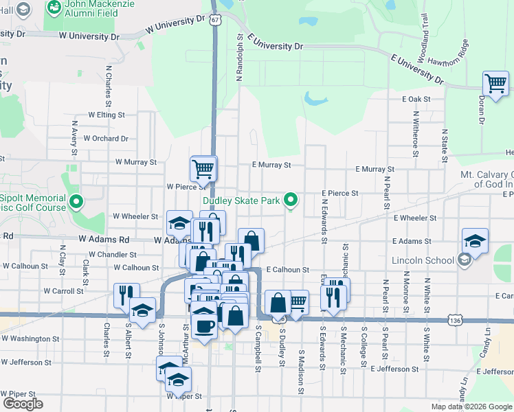 map of restaurants, bars, coffee shops, grocery stores, and more near 514 North Campbell Street in Macomb