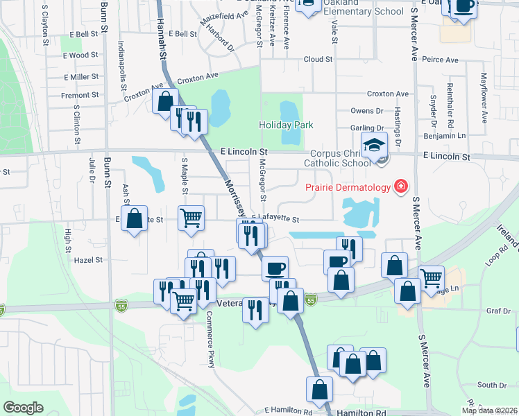 map of restaurants, bars, coffee shops, grocery stores, and more near 1027 McGregor Street in Bloomington